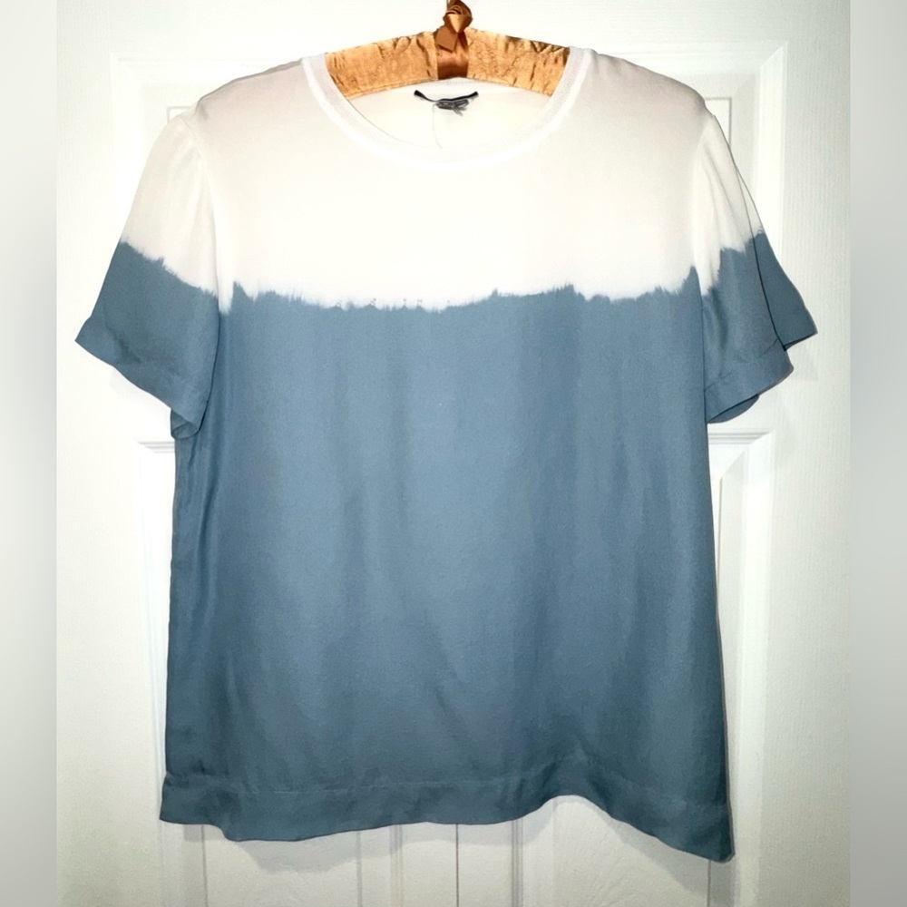 Vince Dip Dye Ombré 100% Silk Blouse | Slate Blue & White | Medium